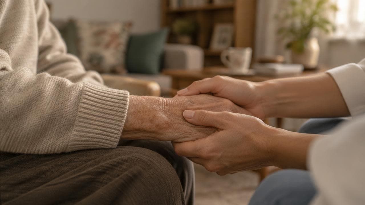 Mãos de um cuidador apoiando uma pessoa em casa, representando a assistência permanente que fundamenta o acréscimo de 25%.
