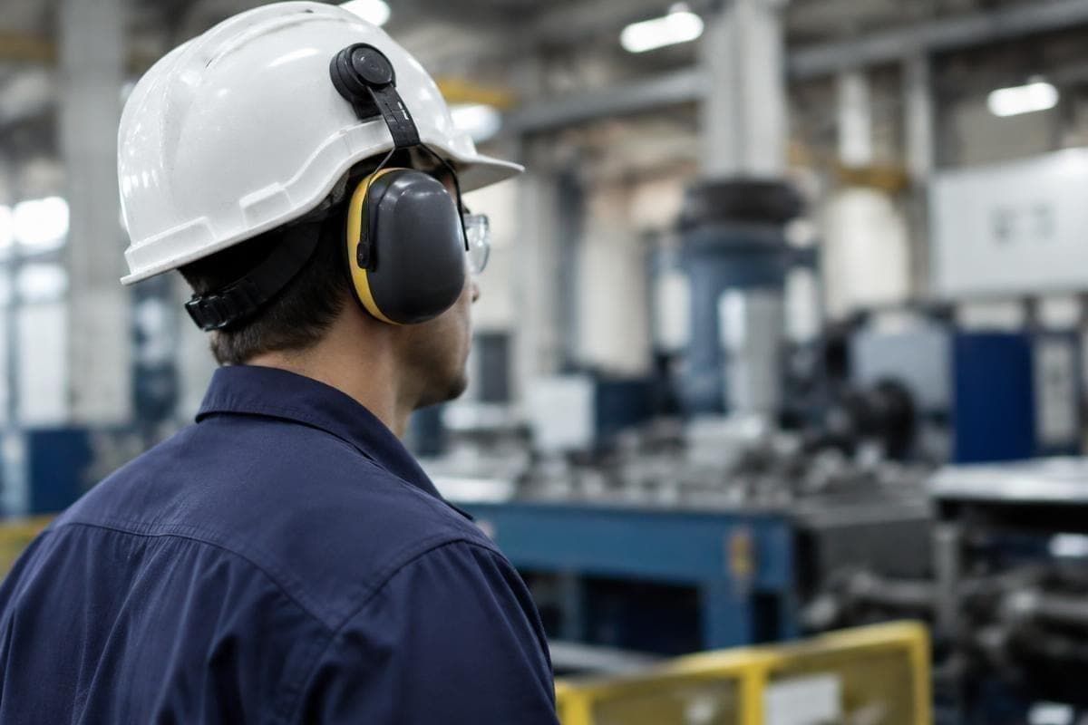 Trabalhador com equipamentos de proteção individual em ambiente industrial