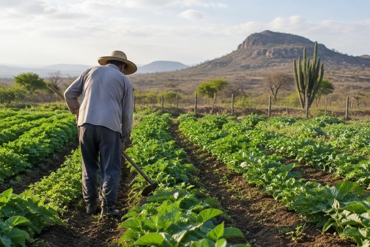 Agricultor trabalhando em plantação no campo
