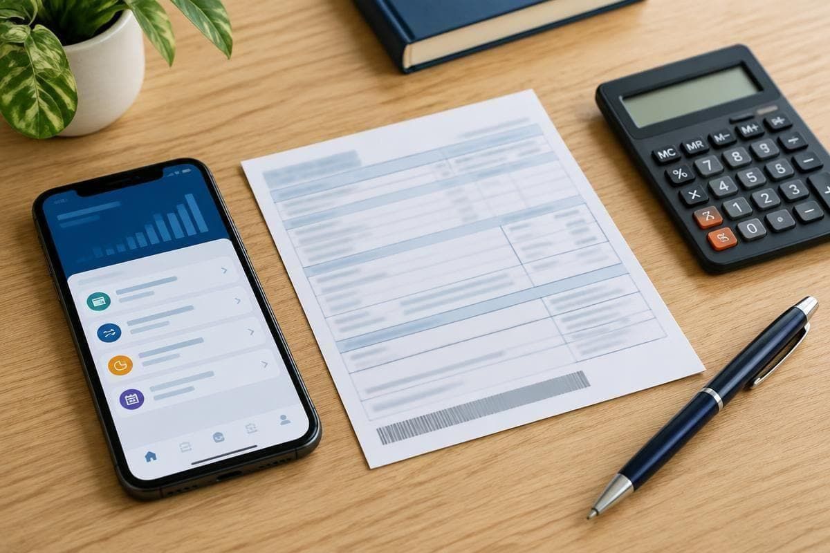 Celular com aplicativo e guia de pagamento da Previdência sobre uma mesa