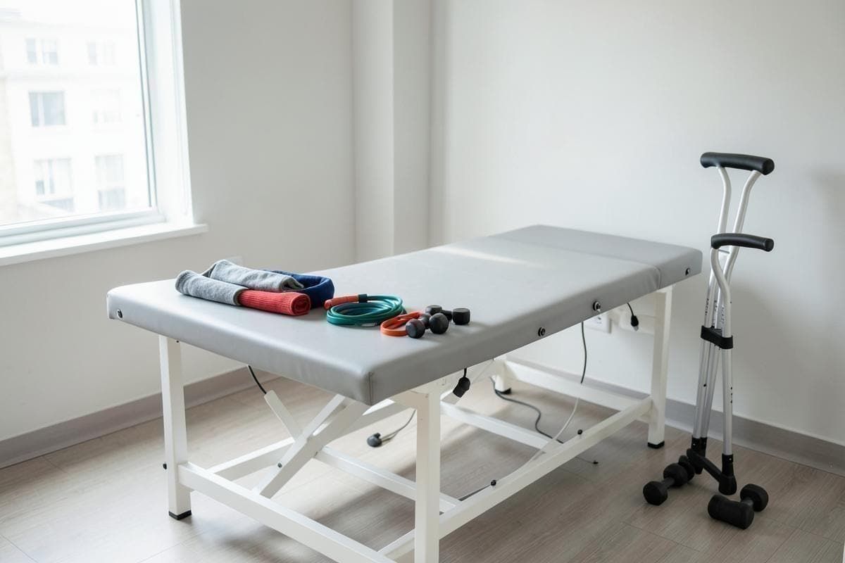 Sala de fisioterapia com maca, faixas elásticas, halteres e muletas