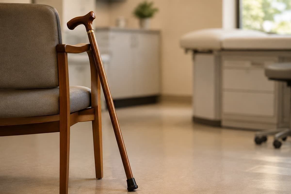 Bengala apoiada em um consultório médico, representando benefícios do INSS por incapacidade.