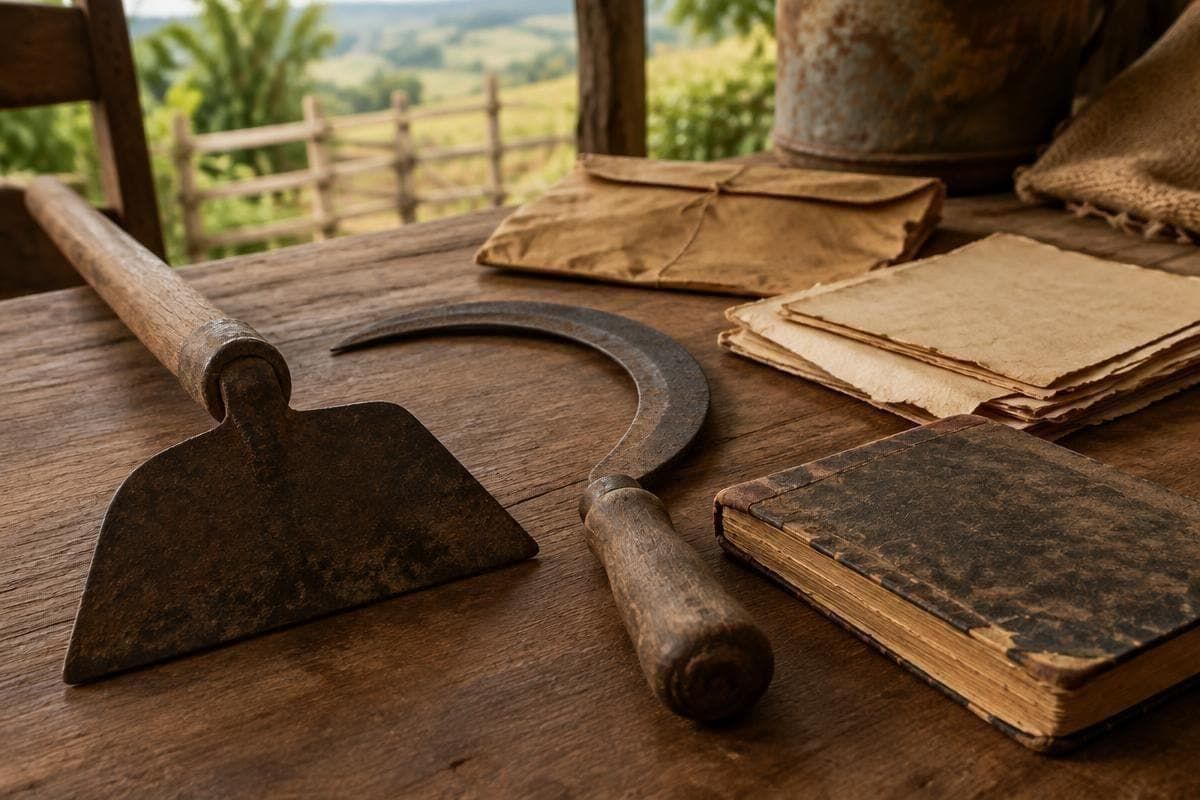 Ferramentas de trabalho rural e documentos antigos sobre mesa de madeira