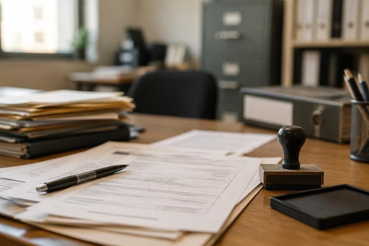 Papelada e carimbo sobre uma mesa de escritório