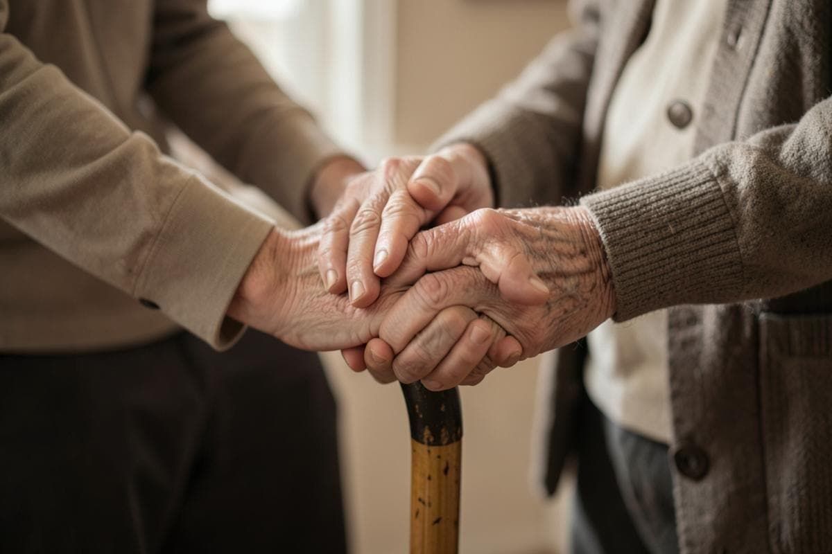 Mãos de uma pessoa mais jovem apoiando as mãos de uma pessoa idosa sobre uma bengala