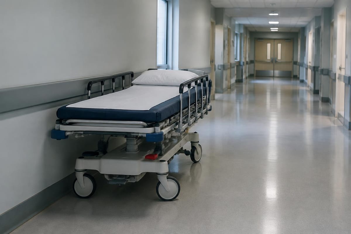 Corredor de hospital com maca, em tom sóbrio e sem pessoas identificáveis