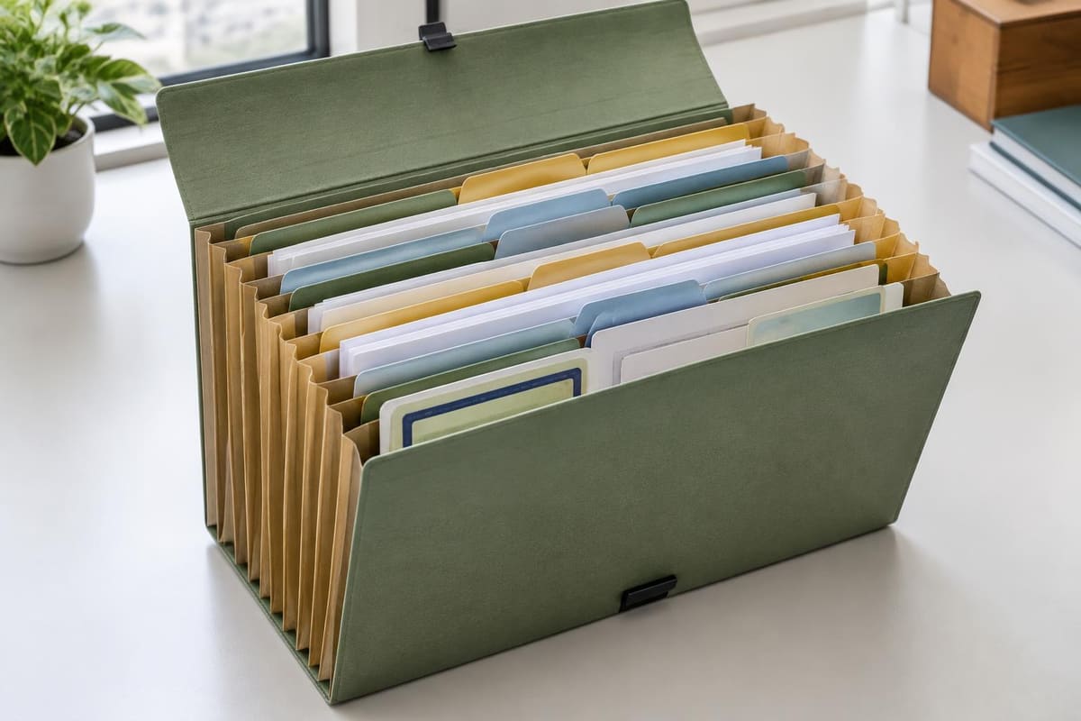 Pasta organizadora de documentos com divisórias sobre mesa, representando os documentos para dar entrada na aposentadoria