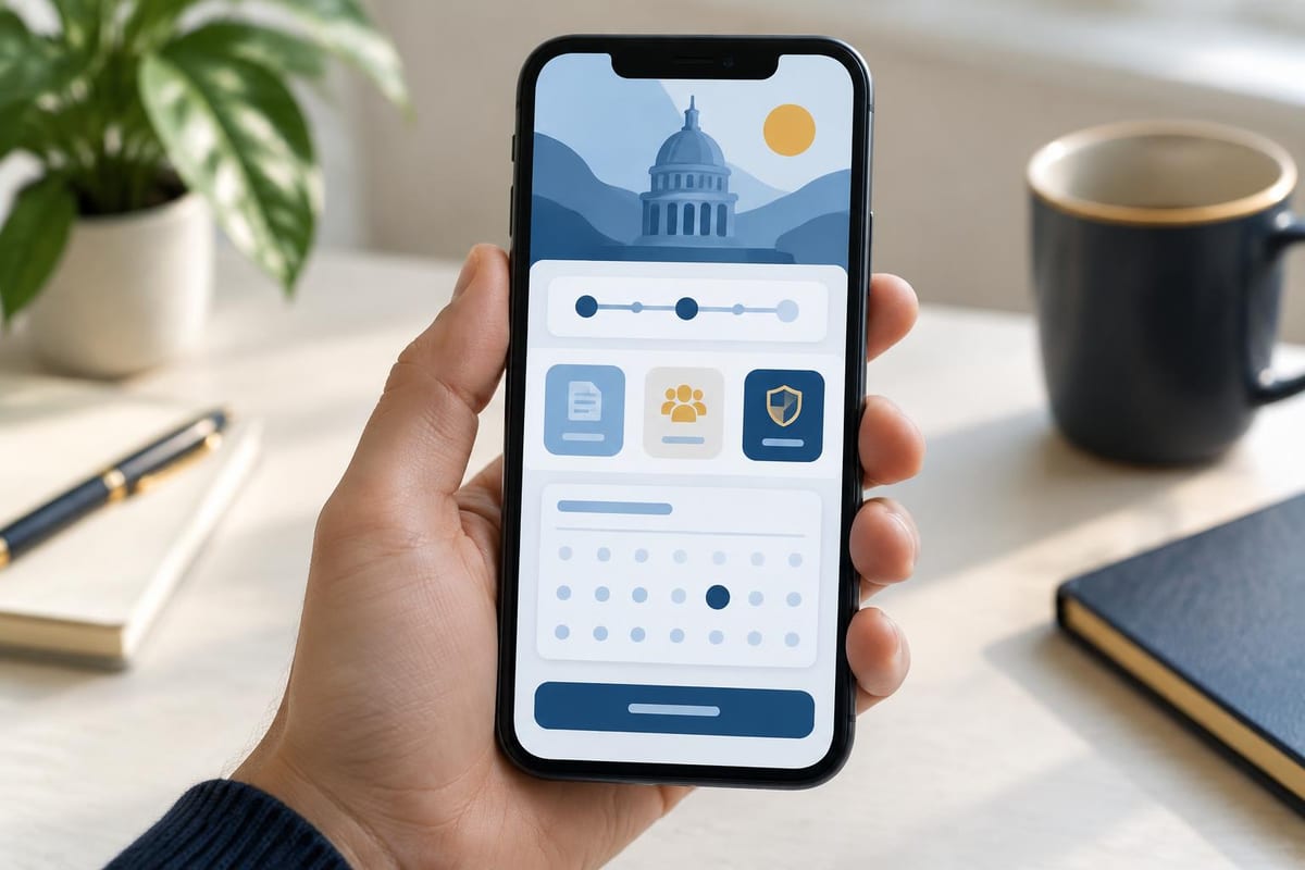 Mão segurando um celular com um aplicativo de serviços previdenciários aberto