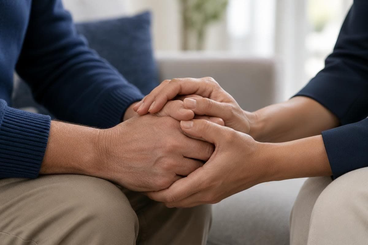 Mãos entrelaçadas em gesto de apoio, representando o amparo da pensão por morte aos dependentes.