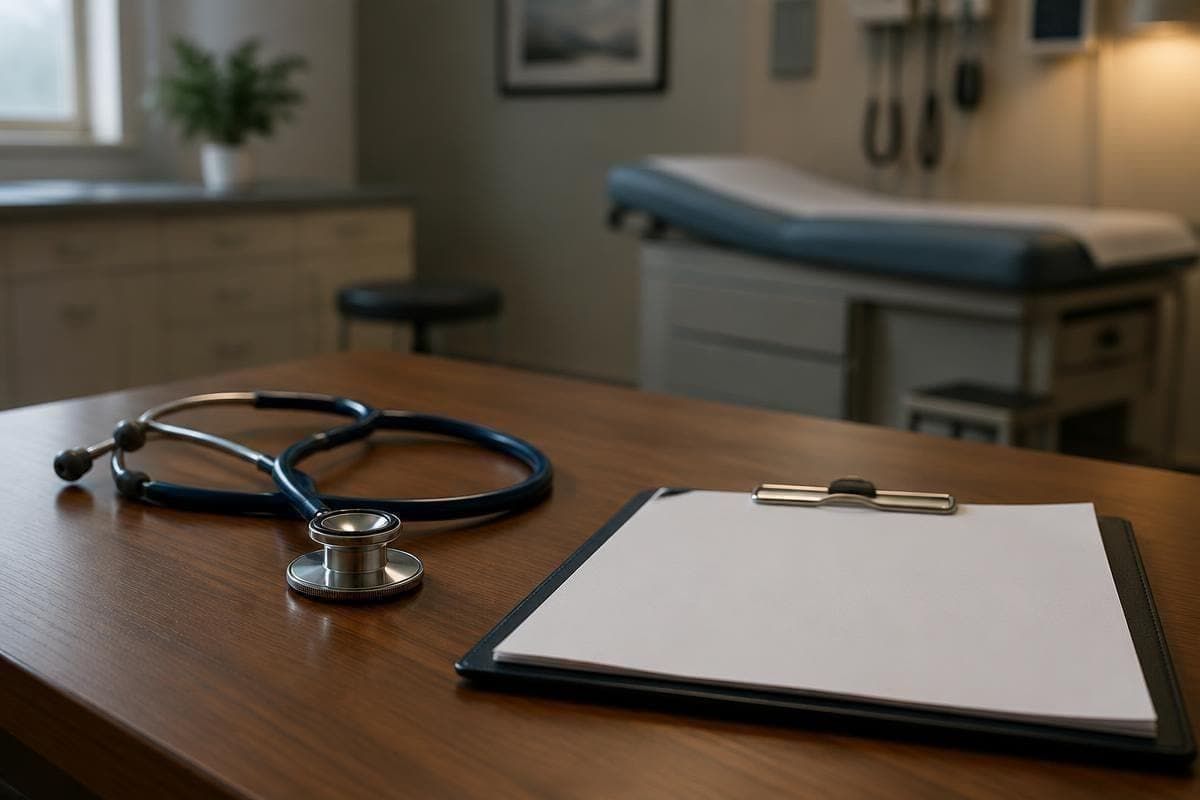 Estetoscópio e prancheta sobre mesa em sala de exame médico