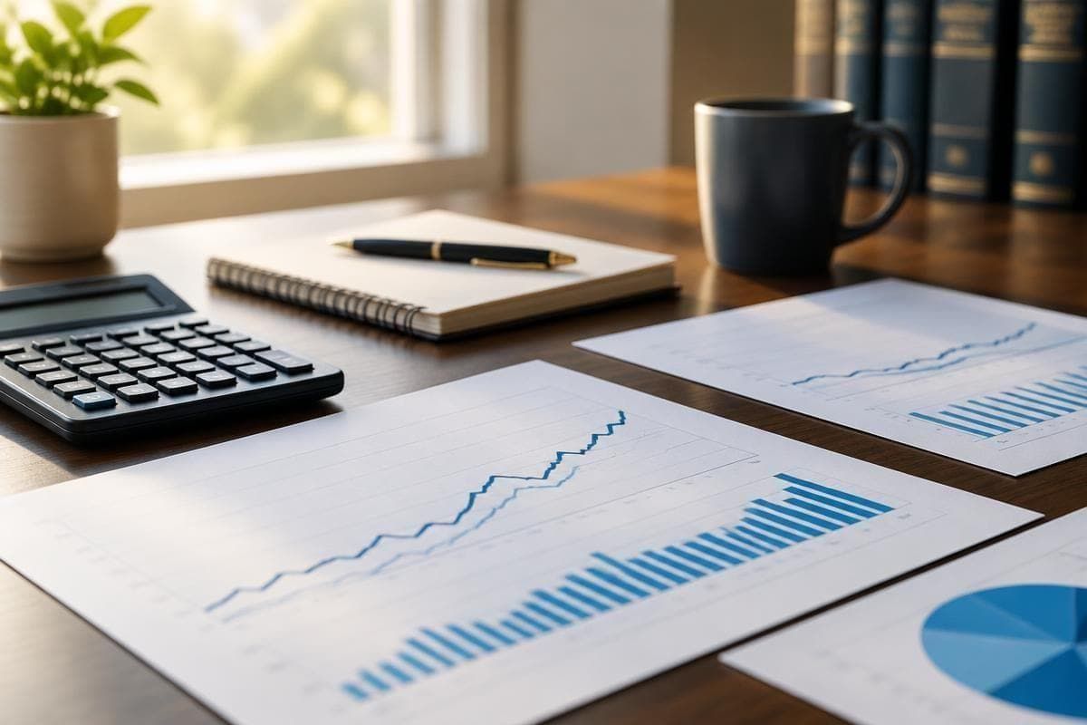 Calculadora e gráficos financeiros sobre mesa, representando planejamento previdenciário