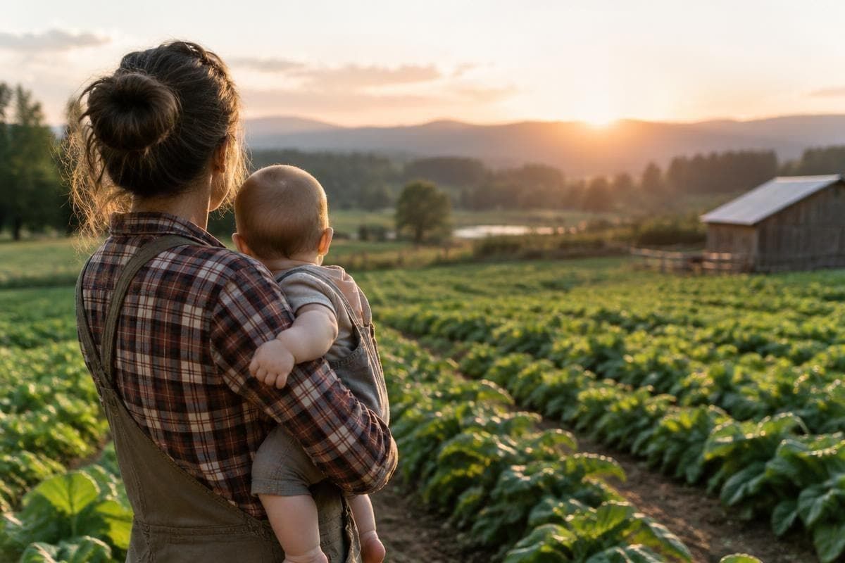 Mãe trabalhadora rural segurando um bebê ao colo em ambiente de campo
