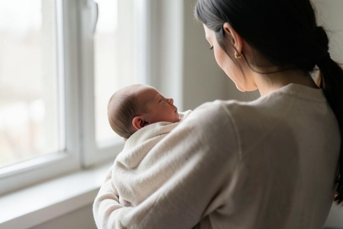 Mãe segurando bebê recém-nascido envolto em manta clara junto à janela