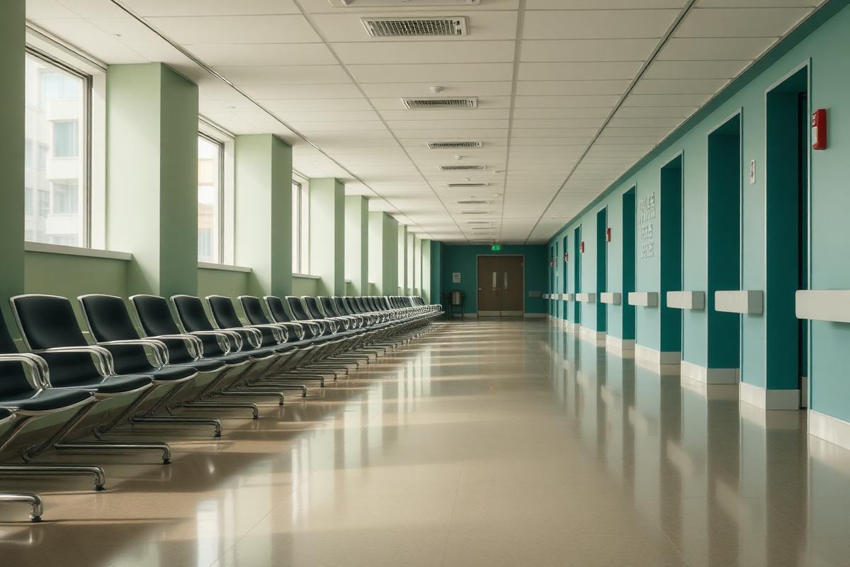 Corredor de unidade de saúde pública com cadeiras de espera vazias