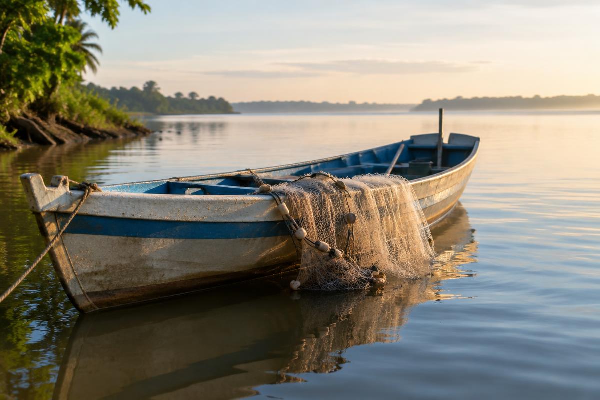 Barco de pesca artesanal com rede, representando o seguro-defeso