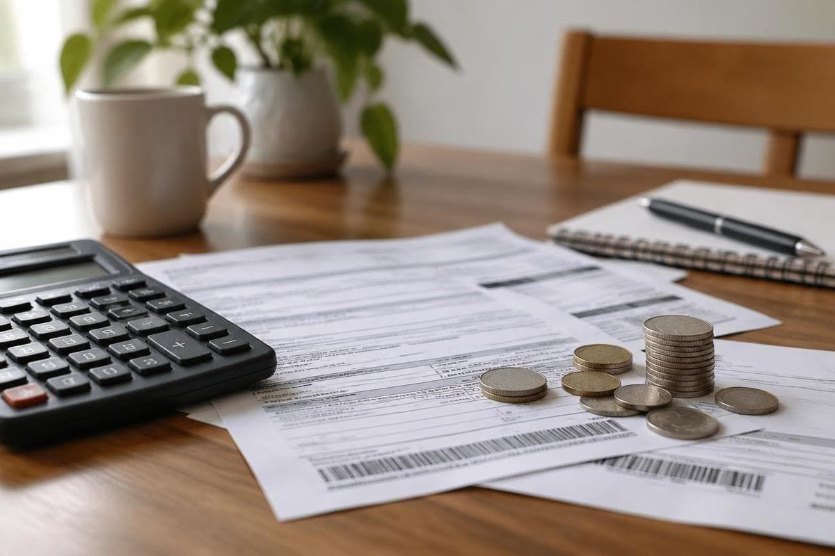 Calculadora, contas e moedas sobre uma mesa, ilustrando o tema de renegociação de dívidas e superendividamento.
