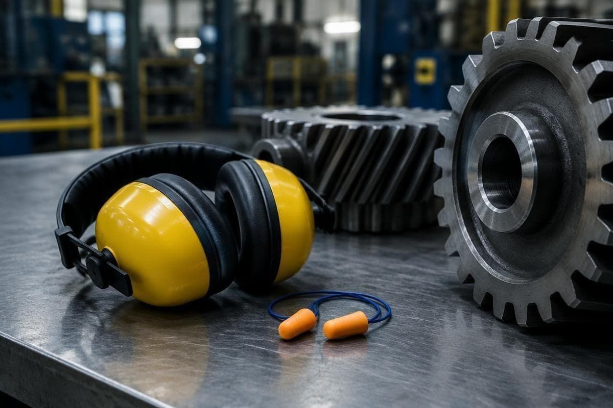 Protetores auriculares e engrenagens industriais sobre bancada metálica