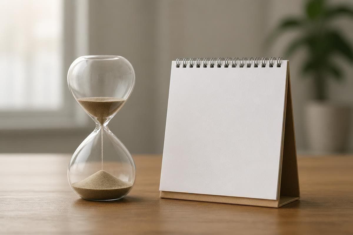 Ampulheta e calendário sobre uma mesa, simbolizando as regras de transição da aposentadoria