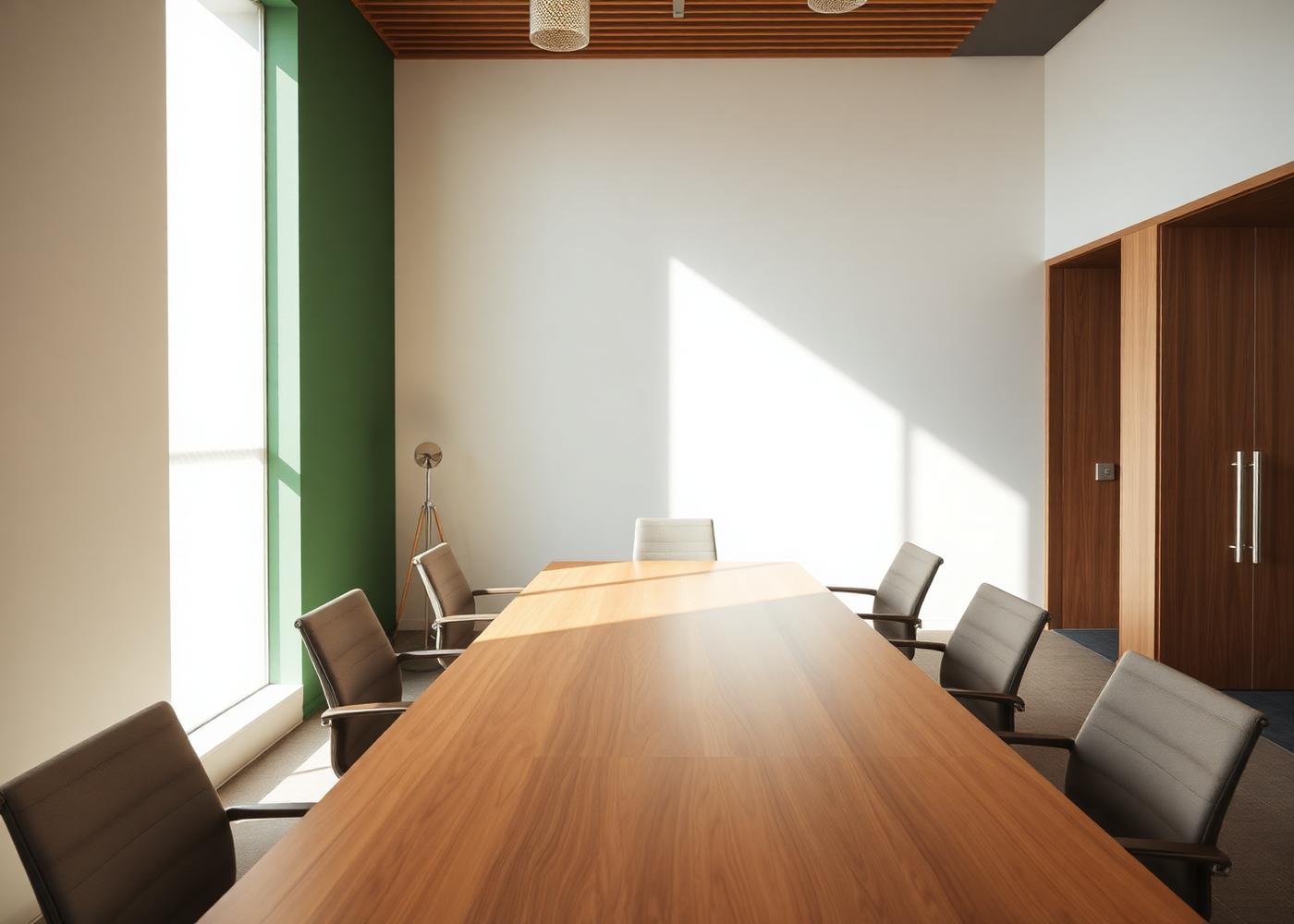 Sala de reuniões do escritório, com mesa de madeira e luz natural